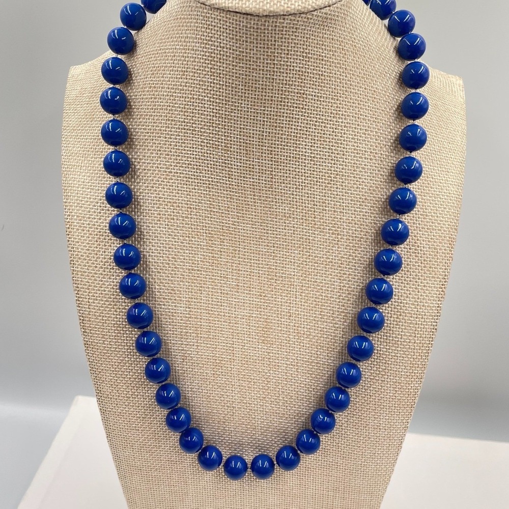 Vintage Royal Blue Chunky Bead Necklace High Shine Mod Statement Jewelry Gold